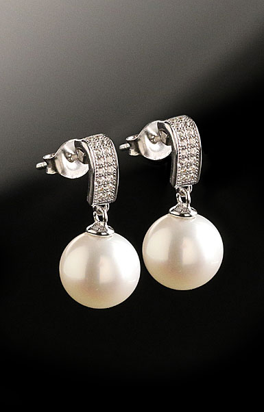 Cashs Ireland, White Luster Large Pearl, Pave Pierced Sterling Silver Earrings, Pair
