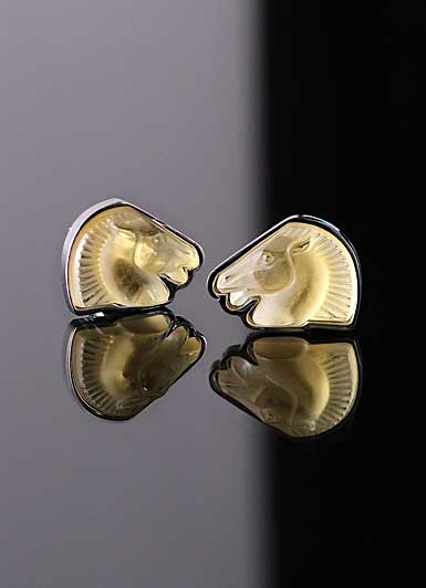 Lalique Horse Cufflinks Crystal and Stainless Steel Pair, Amber
