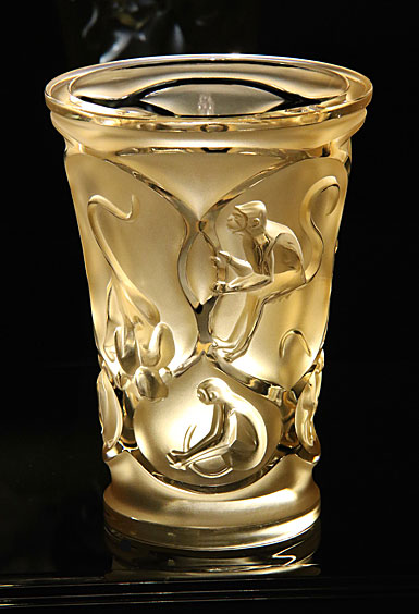 Lalique Singes Monkey Vase, Gold Luster