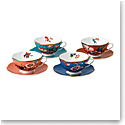 Wedgwood China Paeonia Blush Teacup and Saucer Set of 4, Blue, Coral, Green and Red