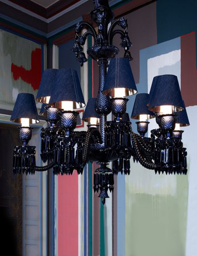 Baccarat Zenith Midnight Chandelier with Dark Blue Jean Colored Lampshades, 12 Light